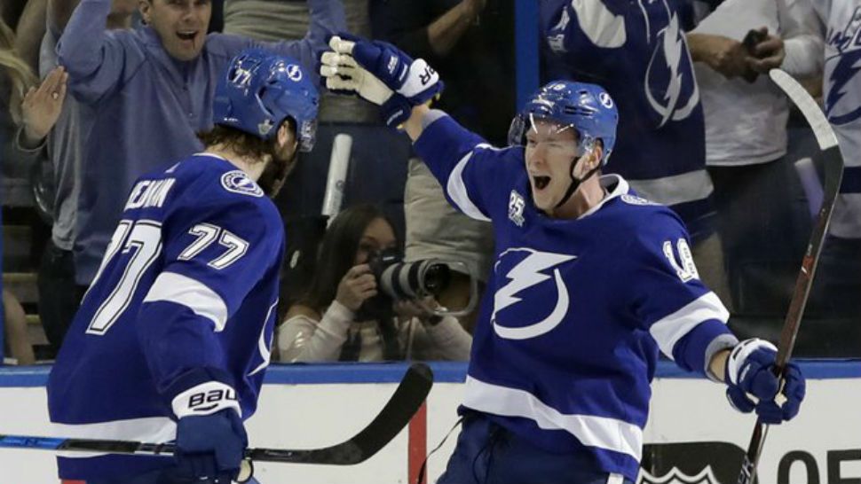 Tampa Bay Lightning left wing Ondrej Palat (18) celebrates with defenseman Victor Hedman (77) after Palat scored against the Washington Capitals during the first period of Game 5. (AP Photo/Chris O'Meara)