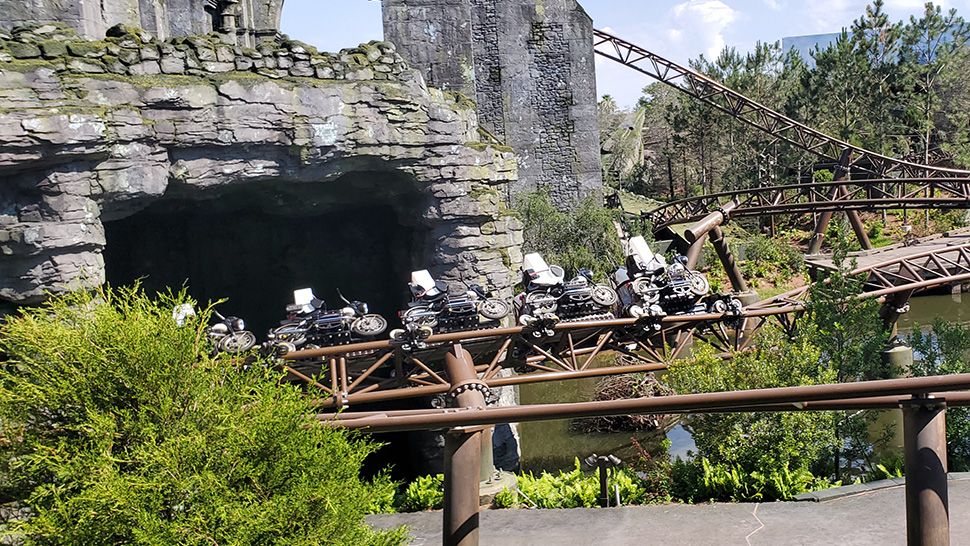 The ride vehicles on Hagrid's Magical Creatures Motorbike Adventure at Universal Orlando. (Ashley Carter/Spectrum News) 