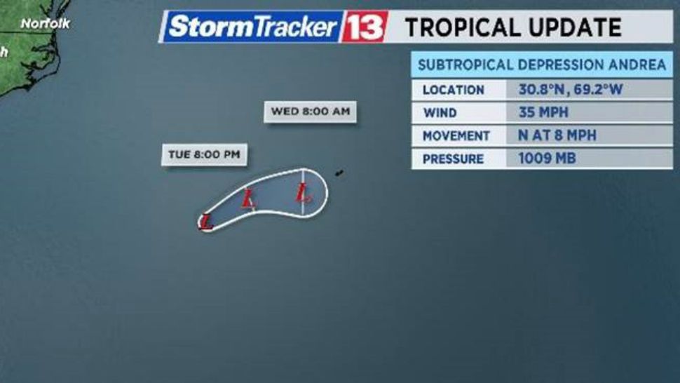 Andrea became a subtropical depression late Tuesday morning. (Spectrum News 13)
