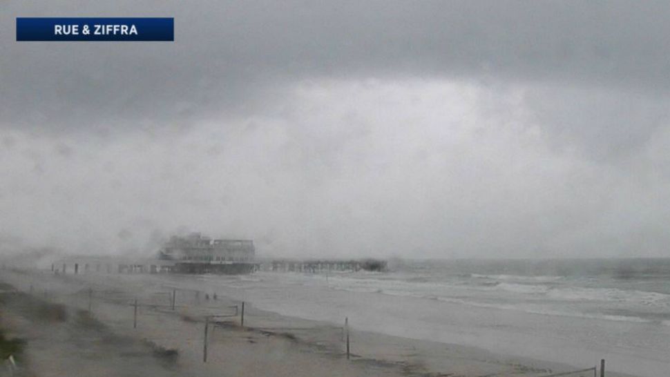 Steady rain falls at Daytona Beach as seen on the Sky 13 camera at the Ocean Deck restaurant on Monday afternoon. (Sky 13 camera)