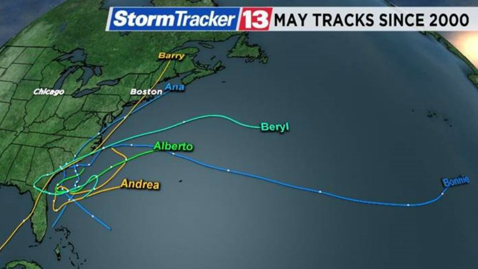 Notice that the overall trend for storms that form before June 1 is for them to develop just east of the Florida coastline. (Chris Gilson/Spectrum News 13)