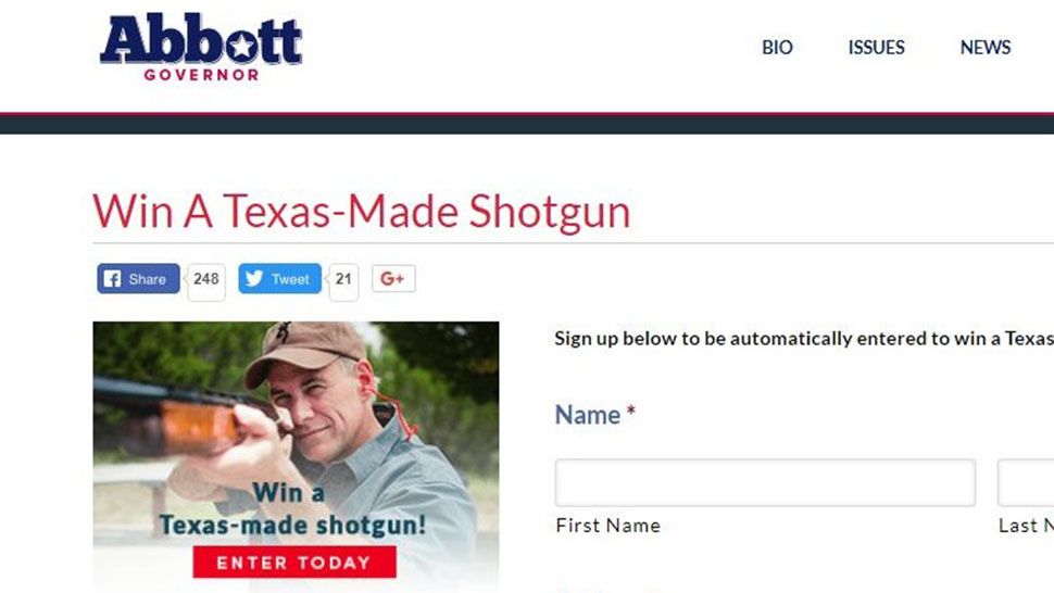 FILE- Splash page of giveaway on Abbott's campaign website that has since been deleted. (Courtesy/gregabbott.com)