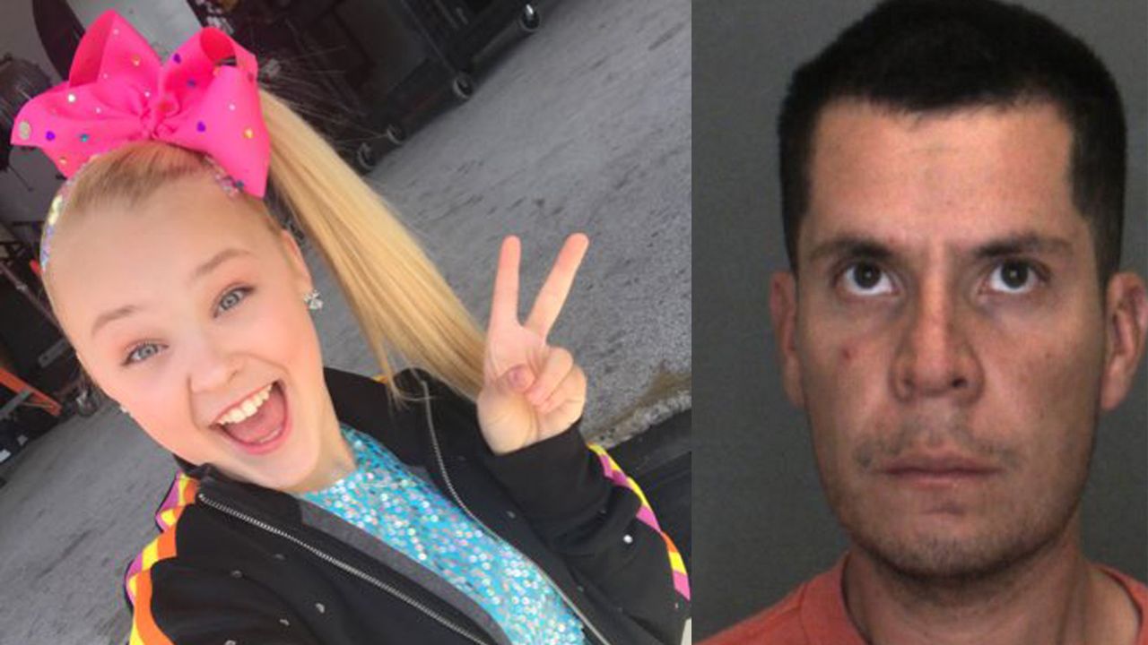 JoJo Siwa and mugshot of Juan Beltran