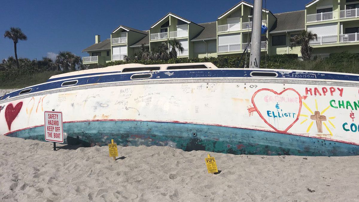 'Cuki' the ghost ship that has been beached on Spessard Holland Beach in Melbourne Beach since Hurricane Irma. Now the ship can't be moved because sea turtles have nested nearby. (Greg Pallone, Staff)