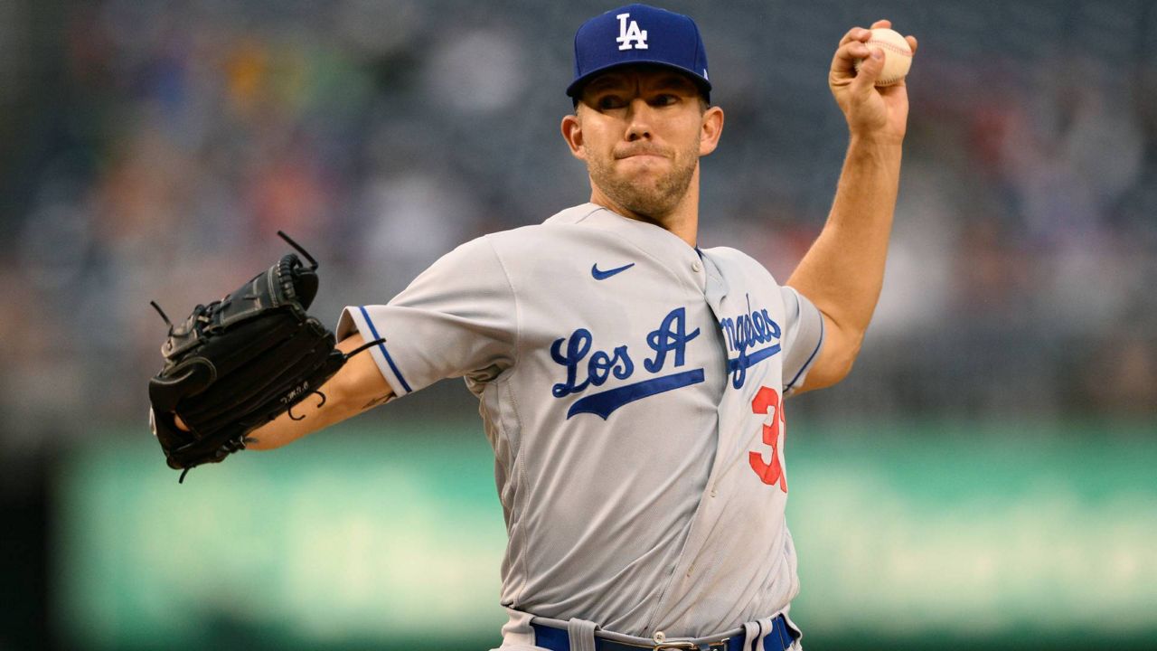Los Angeles Dodgers starting pitcher Tyler Anderson throws during the first inning of a baseball game against the Washington Nationals Monday in Washington. (AP Photo/Nick Wass)