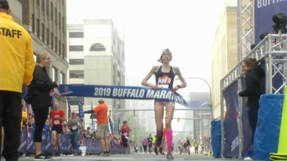 Buffalo Marathon runners compete on a foggy Sunday morning. 