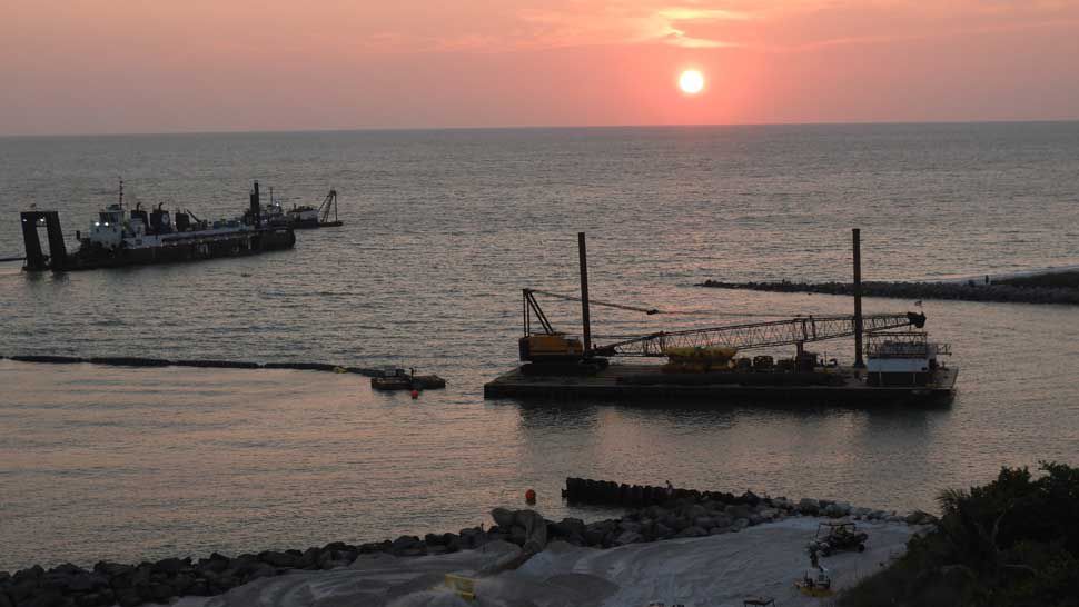 Sunset with beach renourishment in Upham Beach