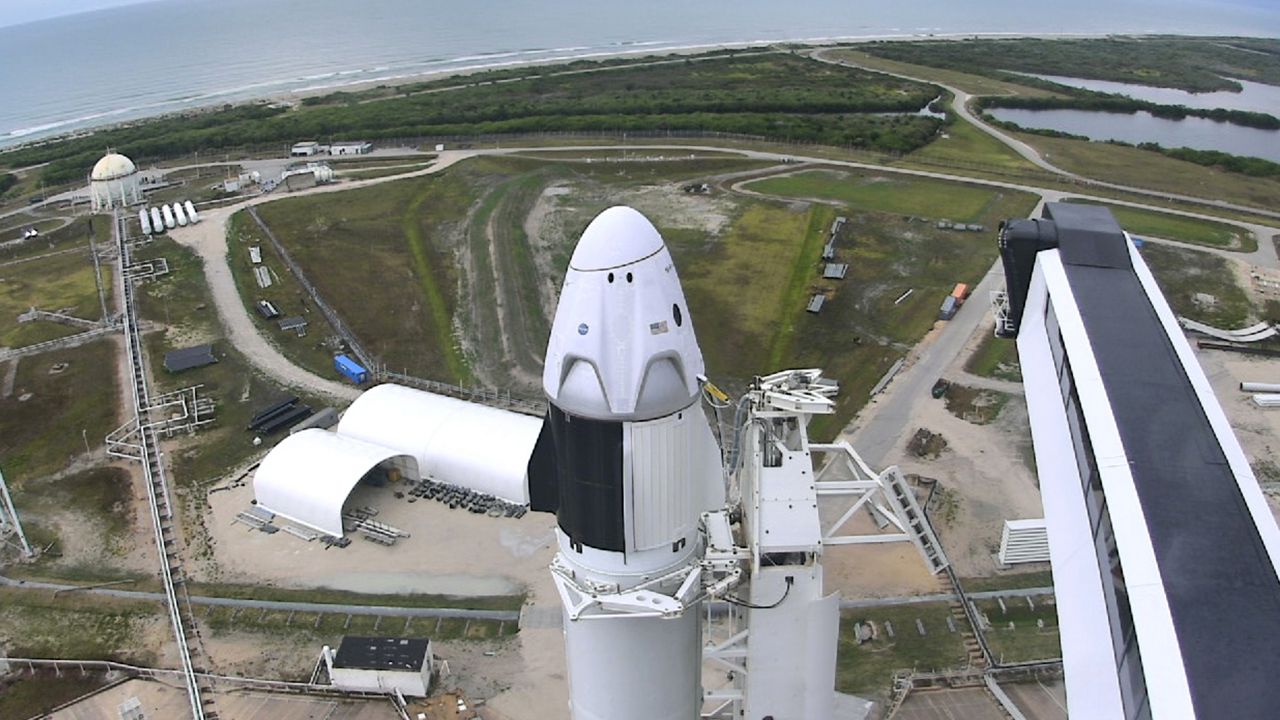 The crew capsule atop the SpaceX Falcon 9 rocket at Kennedy Space Center's Launch Complex 39A. (NASA)