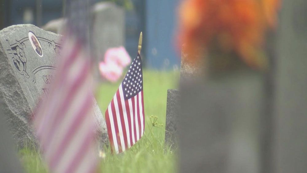 An American flag sits in a blurry cemetery. (Spectrum News Images)