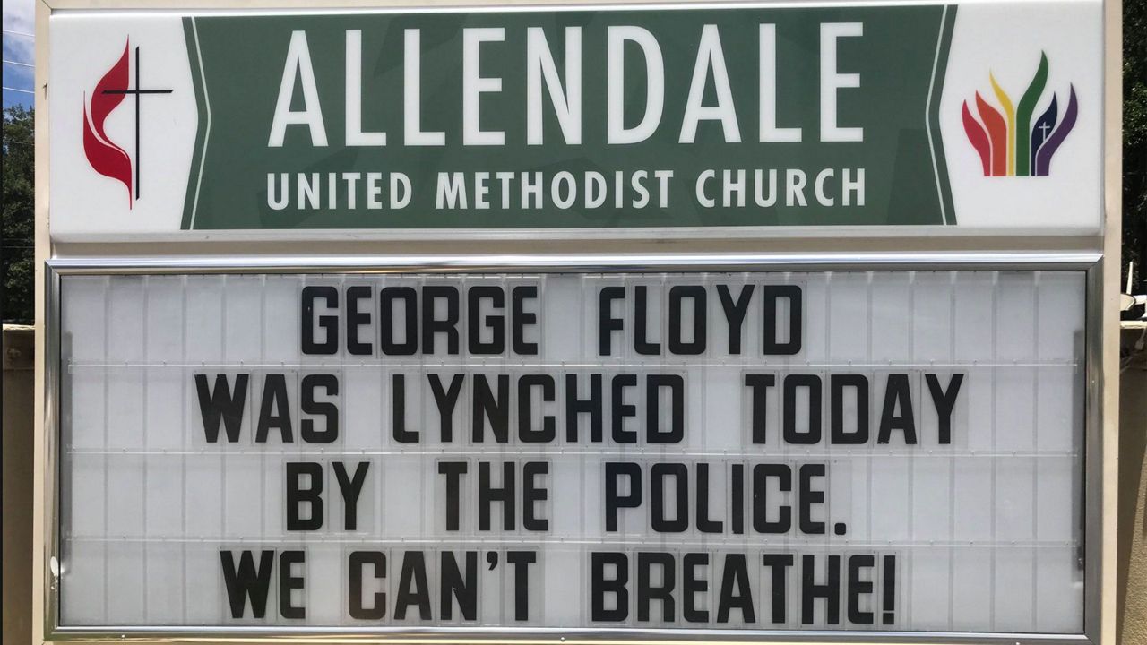 Message on Allendale United Methodist Church marquee that reads "George Floyd was lynched today by the police. We can't breathe." (Trevor Pettiford/Spectrum Bay News 9)