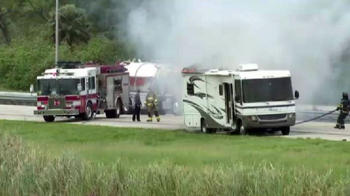 An RV caught fire on I-95 in southern Brevard County on Memorial Day, snarling traffic and shutting down the roadway for some time. (Spectrum News 13)