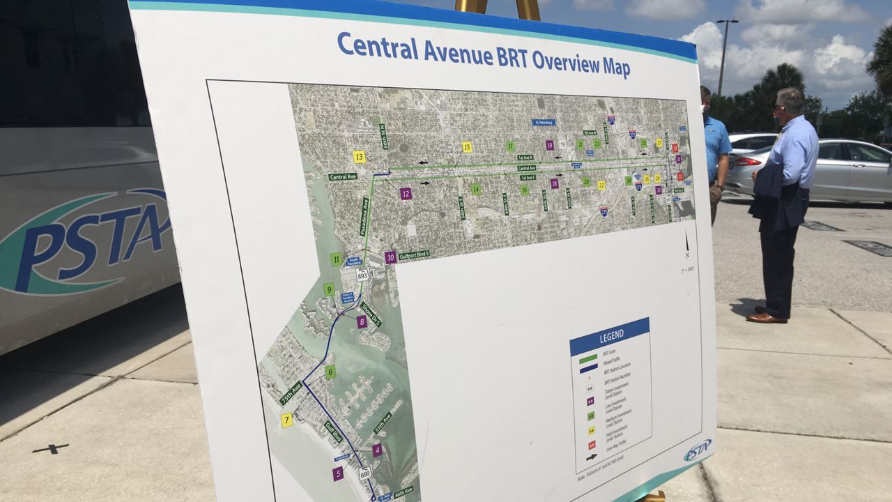 The Central Avenue BRT will connect downtown St. Petersburg to Pinellas County beaches. PSTA said the buses will travel in semi-dedicated lanes, make limited stops, and include safety enhancements, like level boarding platforms. (Sarah Blazonis/Spectrum Bay News 9)