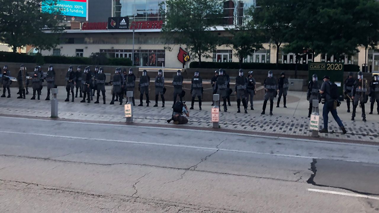 LMPD officers outside of the KFC Yum! Center on May 29, 2020 during Louisville protests