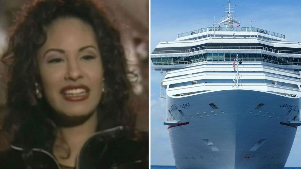 On the left, FILE photo of Selena Quintanilla Perez during an interview. On the right, FILE photo of a cruise ship. (Spectrum News)
