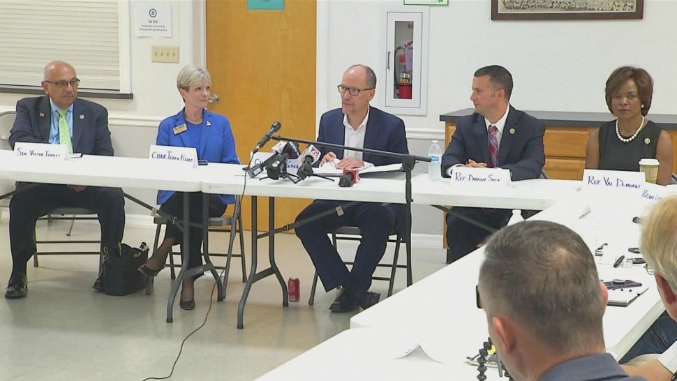 Democratic National Committee Chairman Tom Perez (center) meets with Puerto Rican leaders and local politicians in Orlando on Wednesday. (Paula Machado, staff)