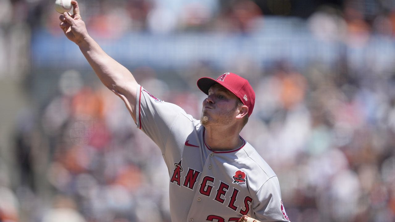 Los Angeles Angels starting pitcher Dylan Bundy works against the San Francisco Giants during the first inning of a baseball game Monday, May 31, 2021, in San Francisco. (AP Photo/Tony Avelar)