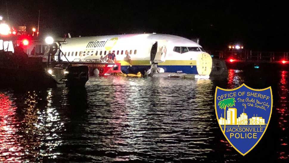 Boeing 737 in the St. John's River near Naval Air Station Jacksonville, Friday, May 3, 2019. (Courtesy of Jacksonville Sheriff's Office)