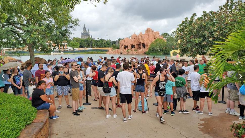 People are in line for Hagrid's Magical Creatures Motorbike Adventure and the wait is expected to be 10 hours long as of 9:52 a.m., Thursday, June 13, 2019. (Ashley Carter/Spectrum News)