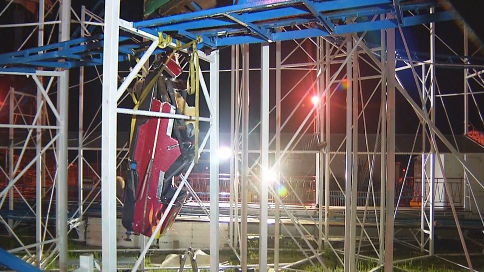 A car from the Sand Blaster roller coaster in Daytona Beach that went off the track last month. The ride is still shut down. (File)