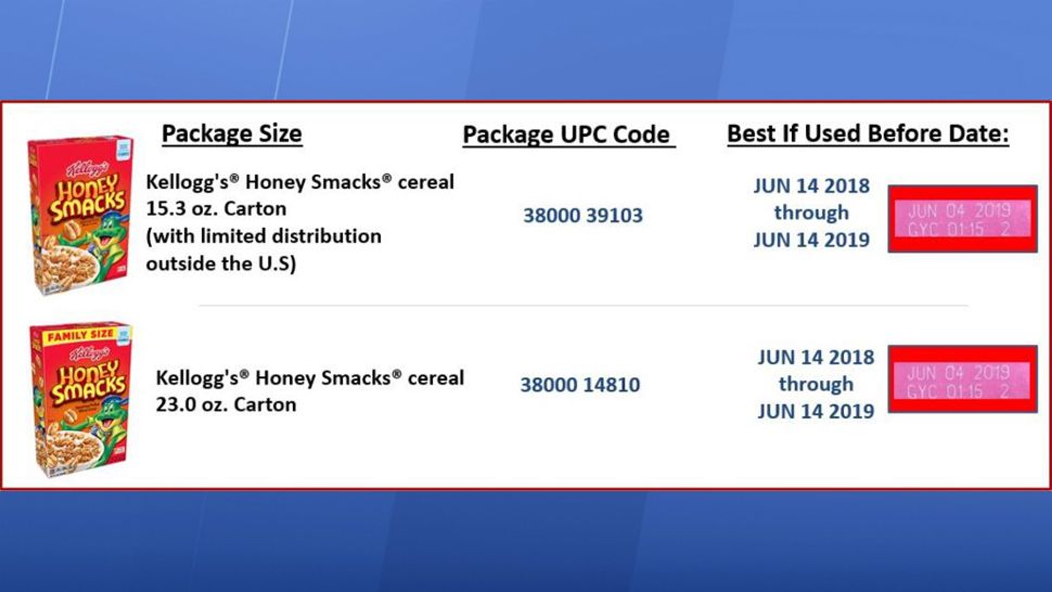 Kellogg's is recalling 15.3 oz. and 23 oz. Honey Smacks boxes of the cereal, with best if used before dates of June 14, 2018, through June 14, 2019. (Kellogg's)