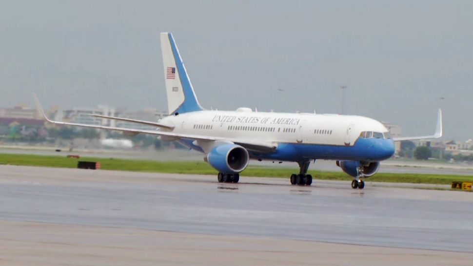 Air Force Two arrives at Orlando International Airport just after 3 p.m. Tuesday ahead of a re-election rally for President Donald Trump at the Amway Center in downtown Orlando. (Spectrum News)