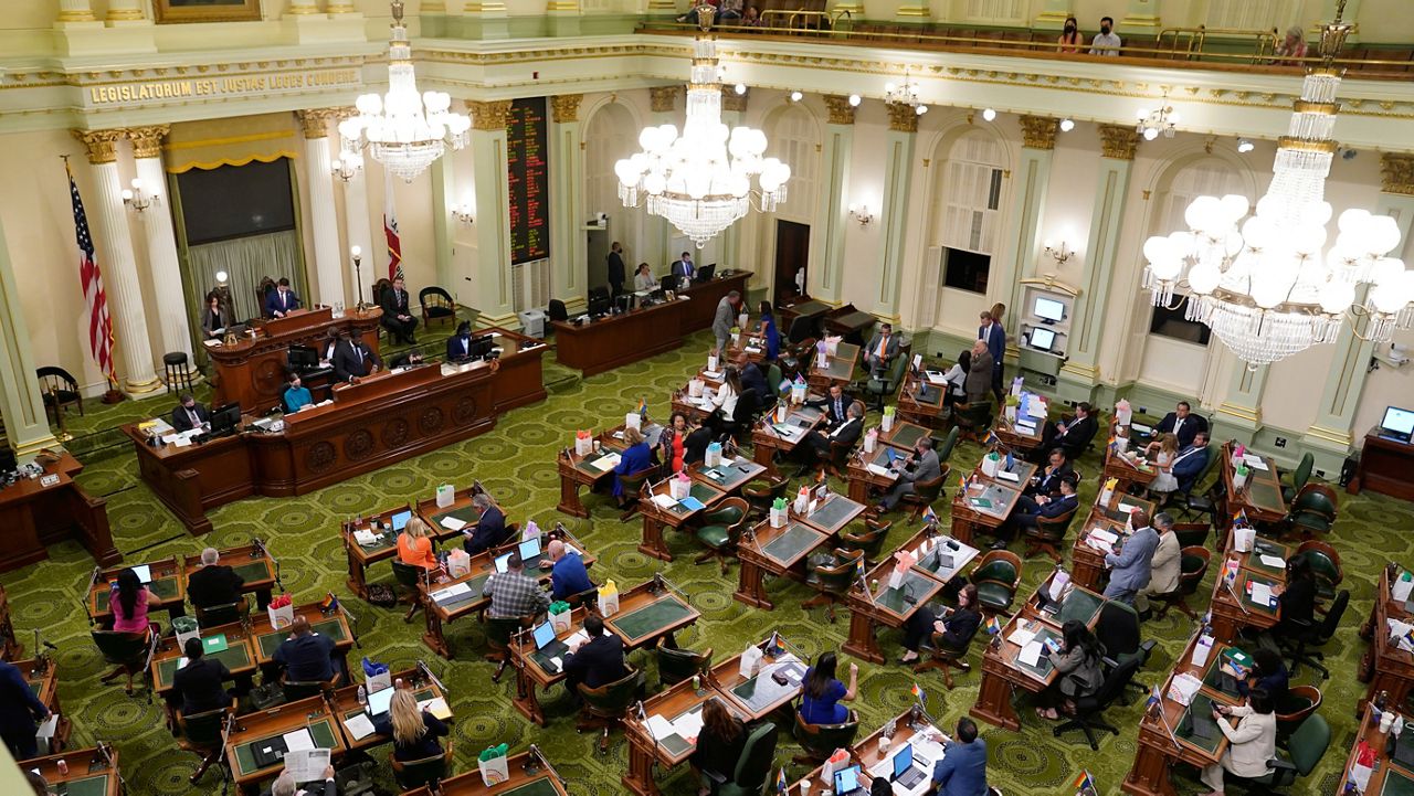 Members of the California state Assembly meet at the Capitol in Sacramento, Calif., Monday, June 20, 2022. California lawmakers will vote on a nearly $308 billion state budget, Wednesday, June 29. (AP Photo/Rich Pedroncelli)