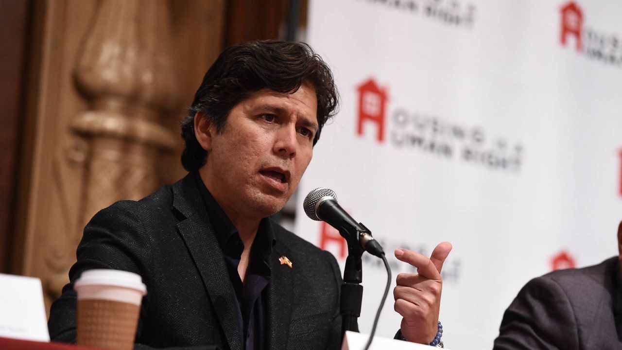 Kevin de Leon, Los Angeles City Council Member, speaks at the 'Community Hearing on Homelessness on Friday, June 25, 2021. (Jordan Strauss/AP Images for AIDS Healthcare Foundation)