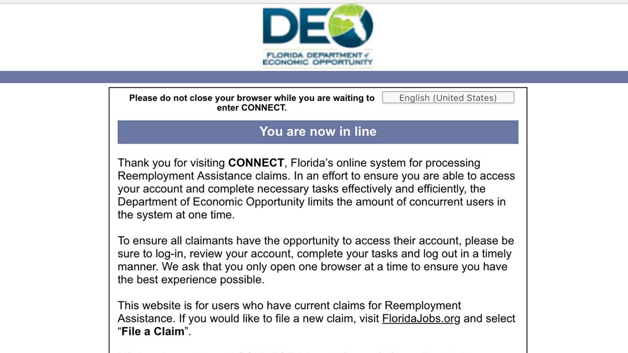 Virtual Waiting Room screen at the Department of Economic Opportunity's CONNECT website.
