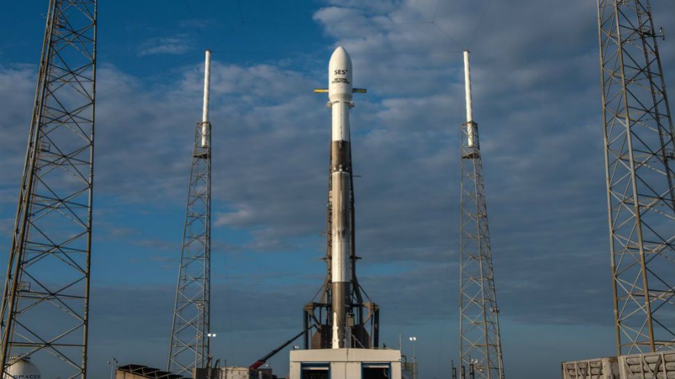 A Falcon 9 rocket sits on pad 40 at Cape Canaveral Air Force Station ahead of Monday's launch. (SpaceX)