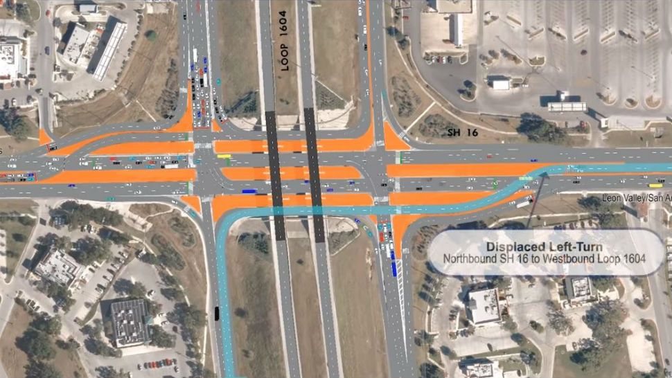 Screenshot from a TxDOT video simulating the traffic changes at the new intersection at Loop 1604 and Bandera. (Courtesy: TxDOT)