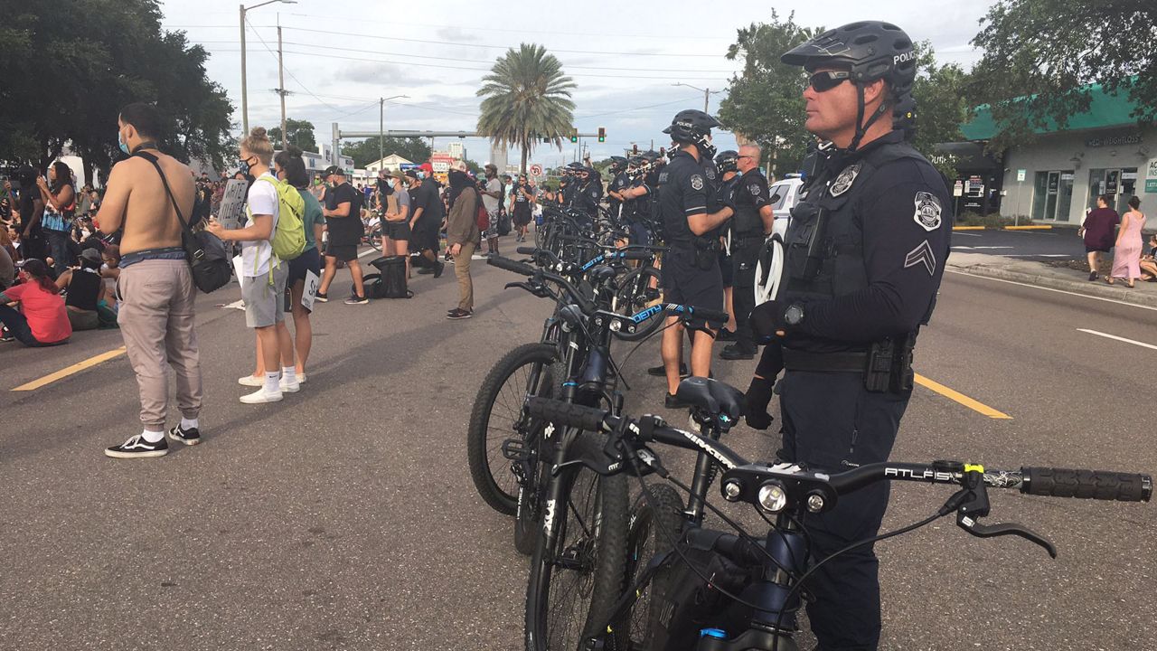 Tampa police blocked Kennedy Blvd. on June 2 as protesters gathered. (Sarah Blazonis/Spectrum Bay News 9)