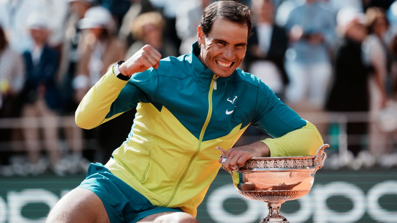Spain's Rafael Nadal poses with the cup after defeating Norway's Casper Ruud in their final match of the French Open tennis tournament at the Roland Garros stadium Sunday, June 5, 2022 in Paris. (AP Photo/Thibault Camus)