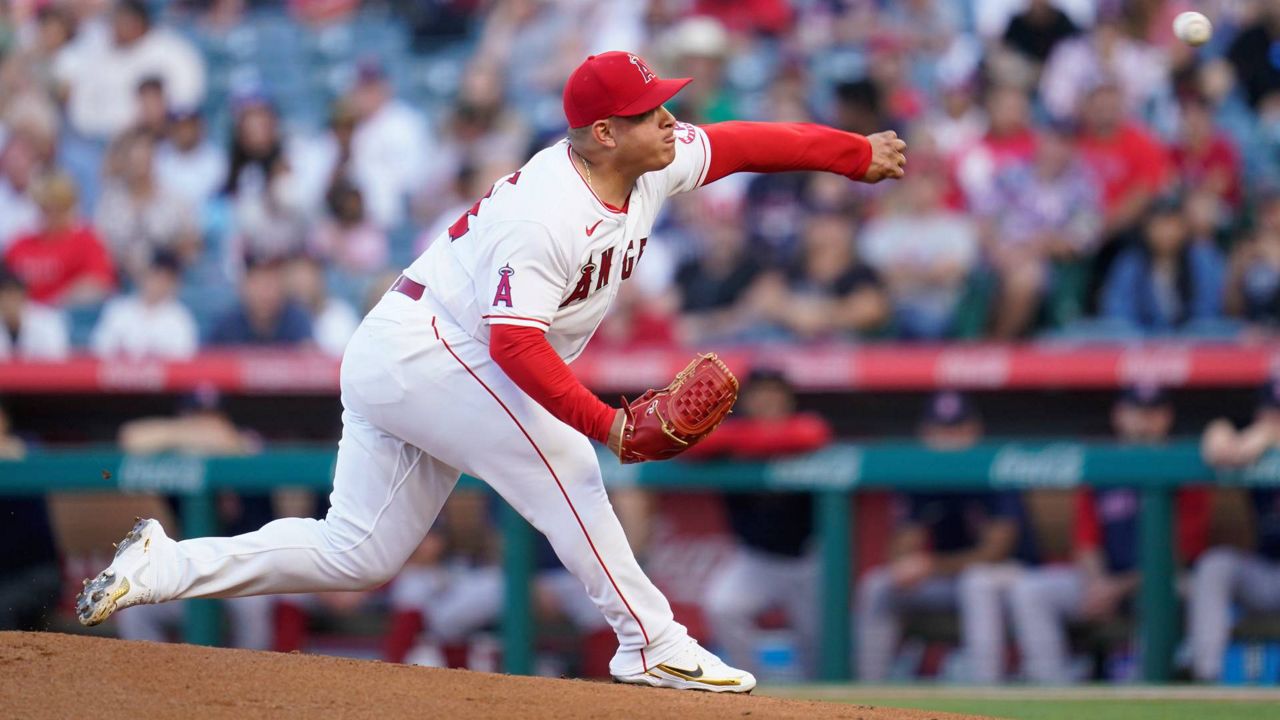 Los Angeles Angels starting pitcher Jose Suarez (54) throws during the first inning of a baseball game against the Boston Red Sox in Anaheim, Calif., on Tuesday. (AP Photo/Ashley Landis)