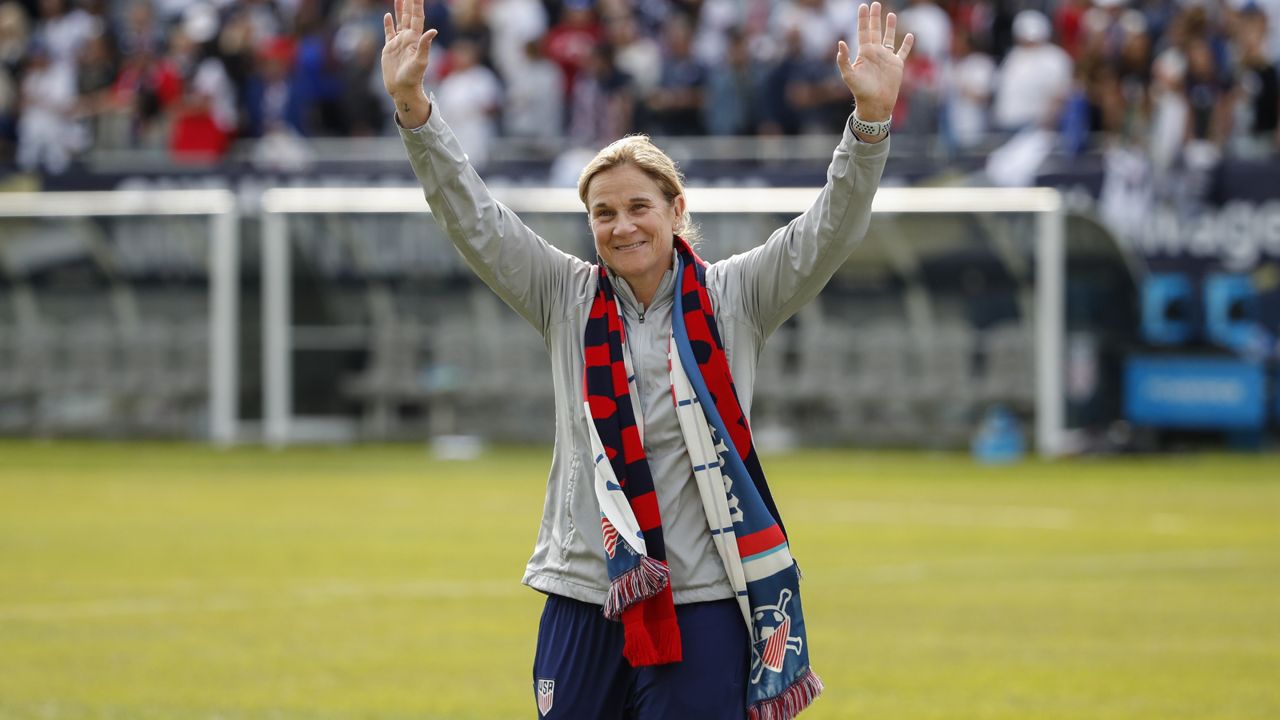 United States head coach Jill Ellis waves to the crowd as she leaves the field after an international friendly soccer match between the U.S. and South Korea, Oct. 6, 2019, in Chicago. (AP Photo/Kamil Krzaczynski)
