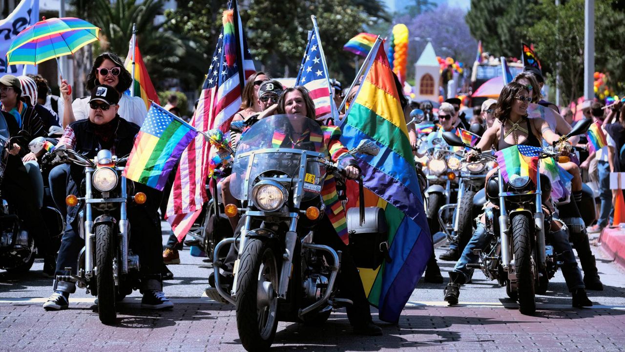 Participants with the group "Dykes on Bikes" take part in the annual LA 49th annual Pride Parade in West Hollywood, Calif. on June 9, 2019. (AP Photo/Richard Vogel)