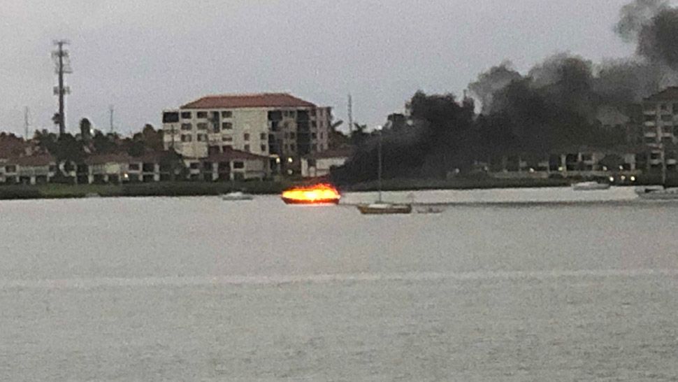 A boat caught fire near the Tierra Verde Marina on Sunday, according to St. Pete Fire Rescue. (Courtesy of viewer Jim Rostek)