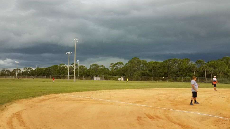 Sent to us via the Spectrum News 13 app: Dark skies over softball games at Kennedy Area Recreational Park I, Kennedy Space Center in Merritt Island on Monday, June 11, 2018.