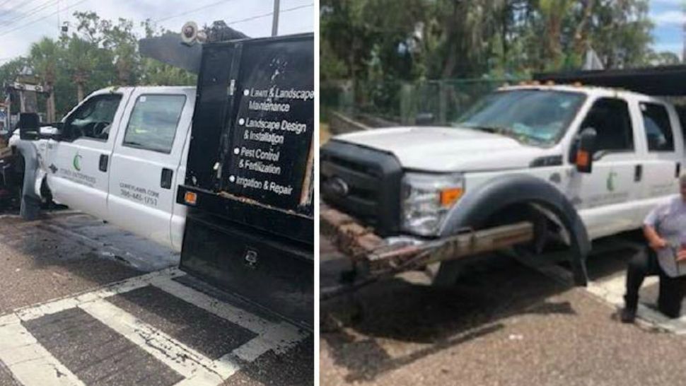 A dump truck stolen from a Palm Coast business is seen outside of Naval Station Mayport in Jacksonville on Tuesday. (Flagler County Sheriff's Office)
