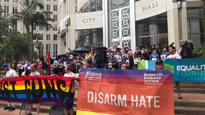 A Pulse rally at Orlando City Hall on Monday evening was part of the "Honor Them With Action" campaign. (Alicia Soller, staff)