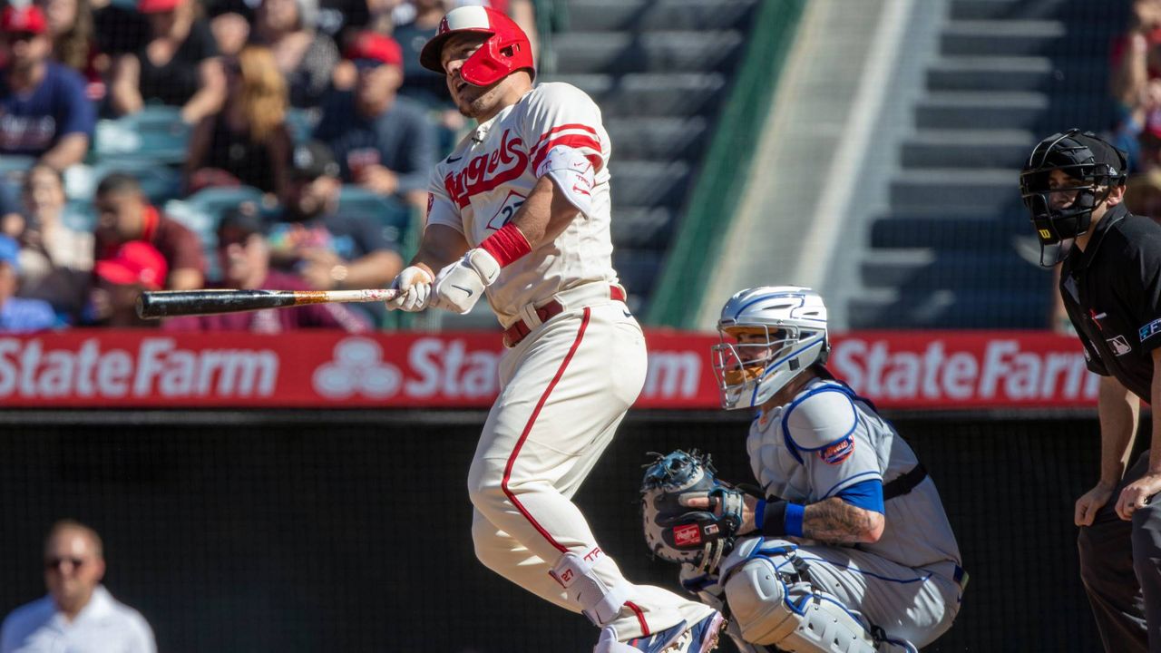 Los Angeles Angels center fielder Brandon Marsh during an at bat in a