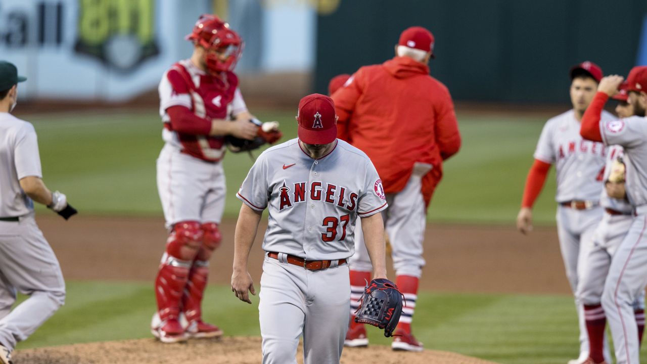 Los Angeles Angels starting pitcher Dylan Bundy (37) is relieved during the third inning of a baseball game against the Oakland Athletics in Oakland, Calif., Monday, June 14, 2021. (AP Photo/John Hefti)