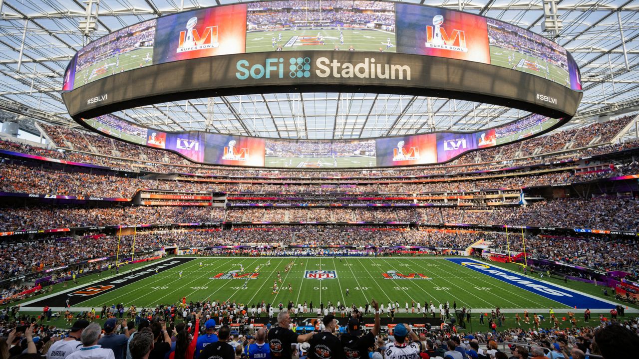 This is a general view of the interior of SoFi Stadium from an elevated position during Super Bowl 56 football game between the Los Angeles Rams and the Cincinnati Bengals on Sunday, Feb. 13, 2022, in Inglewood, Calif. (AP Photo/Kyusung Gong, File)