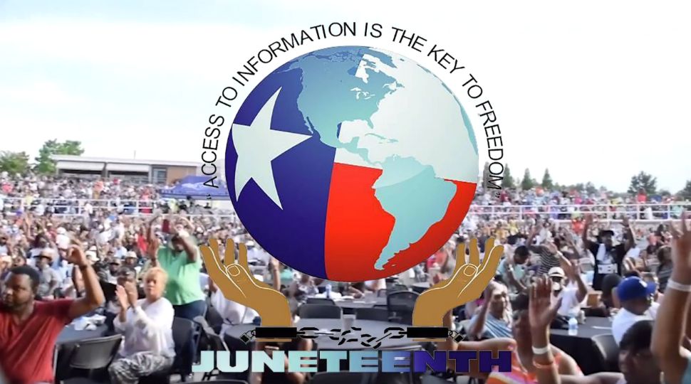 People gathered in Comanche Park for Juneteenth Festival in previous year; San Antonio Juneteenth symbol layered on top (Courtesy: Juneteenth San Antonio Texas Facebook page)