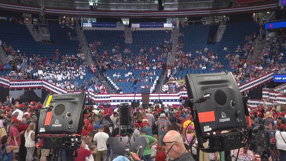 Supporters of President Donald Trump are finding seats inside the Amway Center in Orlando on Tuesday afternoon. The president is expected to formally kick off his re-election campaign tonight. (Spectrum News)