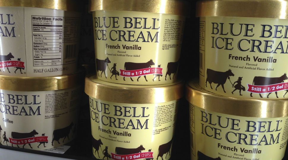 Blue Bell ice cream cartons on shelves (AP Image)