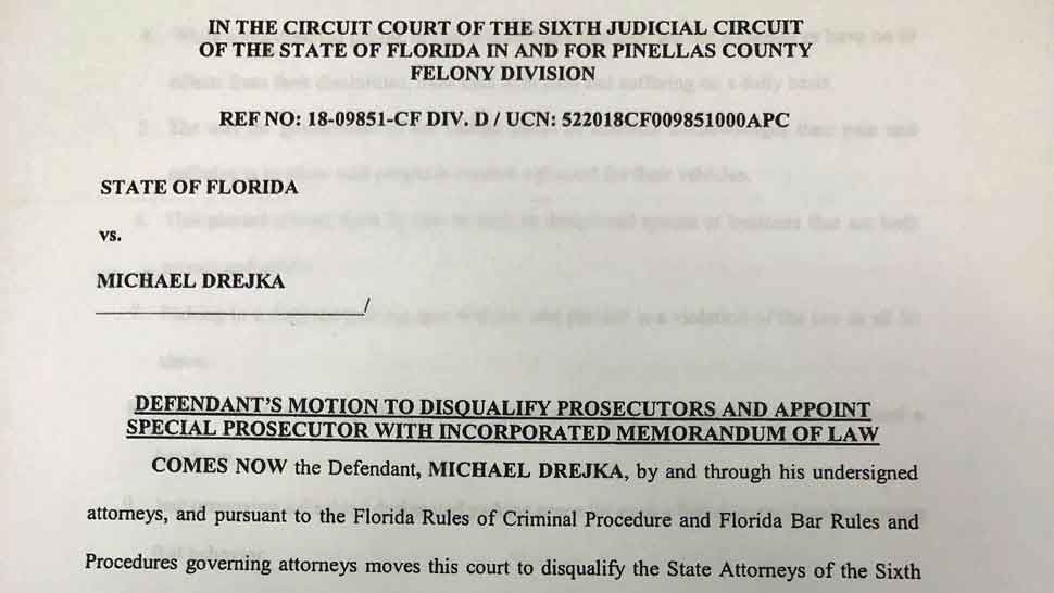 screen shot showing first page of motion filed by Attorney John Trevena on behalf of accused Markeis McGlockton shooter Michael Drejka. (Spectrum Bay News 9)