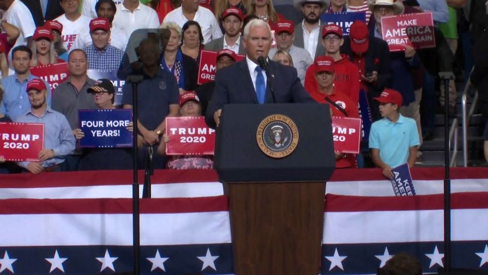 Vice President Mike Pence takes the stage during President Donald Trump's re-election bid announcement at the Amway Center in downtown Orlando. (Spectrum News)