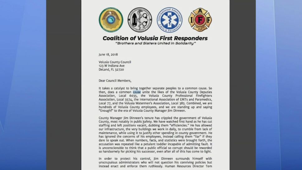 Volusia County public safety workers sent this letter to the county, calling for the early ouster of County Manager Jim Dinneen. (Spectrum News 13)