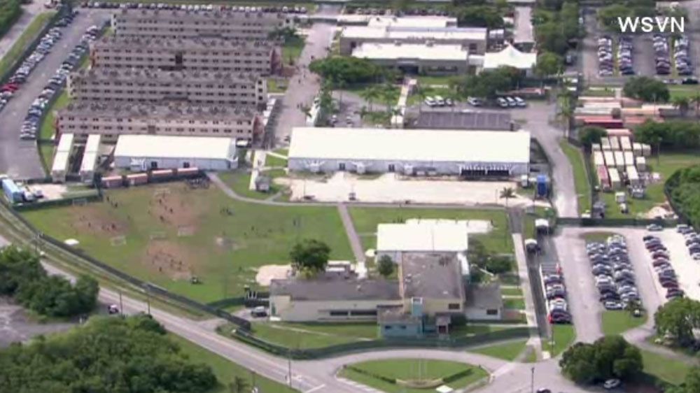An aerial view of the Temporary Shelter for Unaccompanied Children in Homestead, Fla., where Democratic lawmakers tried to tour the facility Tuesday. (CNN)