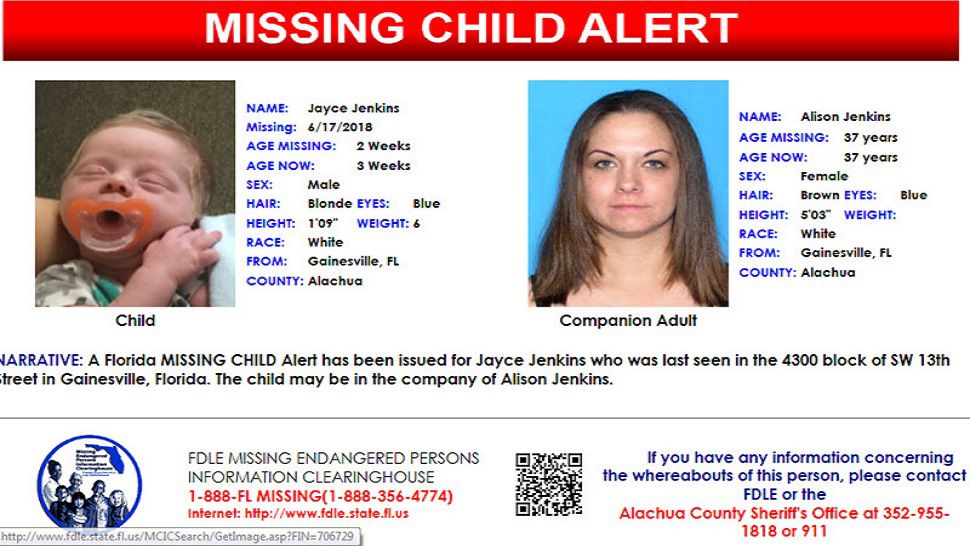 Authorities say 3-week-old Jayce Jenkins, who has blonde hair and blue eyes, may be in the company of Alison Jenkins, 37. (FDLE)
